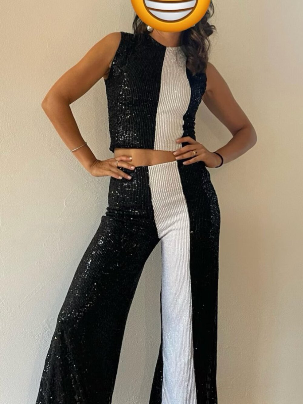 Sequined 2 Pcs Crop and Pant, Woman Disco Outfit, Wide Leg Party Clothing